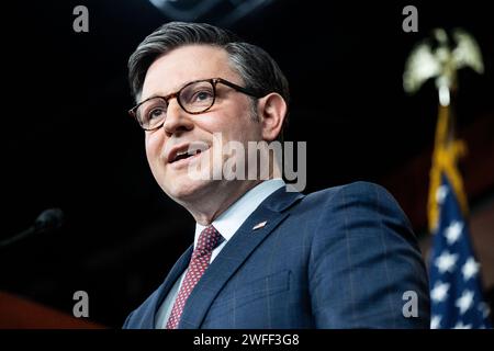 Washington, Stati Uniti. 30 gennaio 2024. Il presidente della camera Mike Johnson (R-LA) parla a una conferenza stampa al Campidoglio degli Stati Uniti. (Foto di Michael Brochstein/Sipa USA) credito: SIPA USA/Alamy Live News Foto Stock