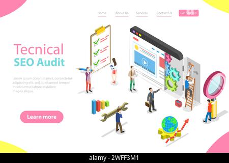 Modello isometrico di landing page vettoriale piatto di audit SEO tecnico, strategia per i motori di ricerca, marketing dei contenuti, sviluppo di siti Web. Illustrazione Vettoriale