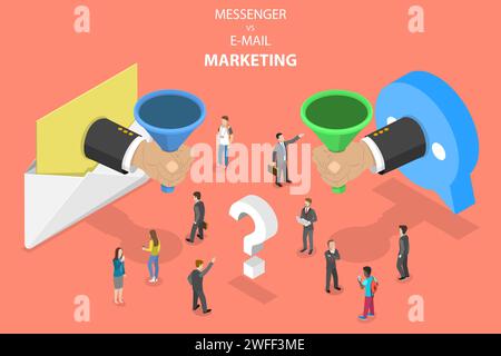 Concetto vettoriale isometrico di e-mail vs Messenger marketing, campagna pubblicitaria, promozione digitale. Illustrazione Vettoriale