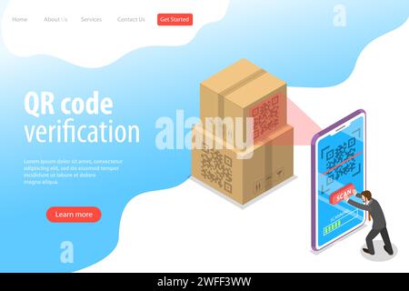Modello di landing page vettoriale piatto isometrico di codice QR, scansione di codici a barre, app di verifica. Illustrazione Vettoriale