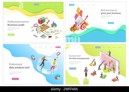 Pagina di destinazione vettoriale piatto isometrico per servizi di audit aziendale professionali, crescita finanziaria, strumento di analisi dei dati, gestione del tempo. Illustrazione Vettoriale