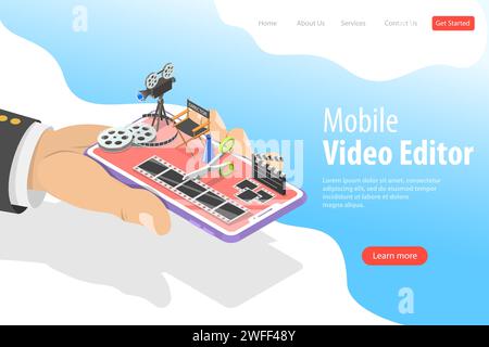 Modello isometrico di landing page vettoriale piatto di app di editing video, produzione multimediale, video blogging, motion design. Illustrazione Vettoriale
