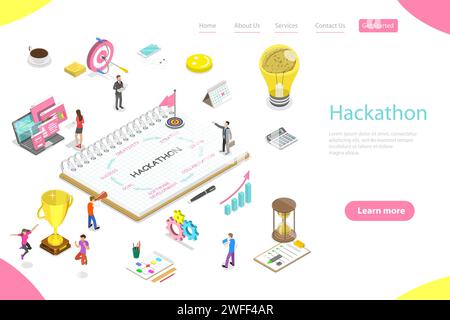 Modello isometrico di landing page vettoriale piatto di parti di hackathon che sono creatività, strategia, tempistica, collaborazione, sviluppo di software, obiettivo, s Illustrazione Vettoriale