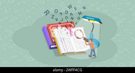 Isometric Flat Vector Concept of Literature Reading, Language Learning, Searching Through Dictionary, Vocabulary Development. Illustrazione Vettoriale