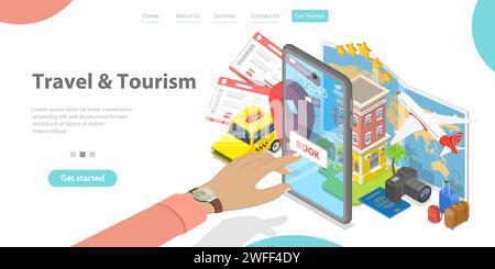 Modello di pagina di destinazione vettoriale piatto isometrico 3D dell'app online per la prenotazione di viaggi, prenotazione di biglietti per hotel e voli. Illustrazione Vettoriale