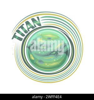 Logo vettoriale per Titan Moon, stampa cosmica decorativa con titano satellitare rotante, superficie gassosa con ciclone verde e nuvole, adesivo cosmo con uniqu Illustrazione Vettoriale