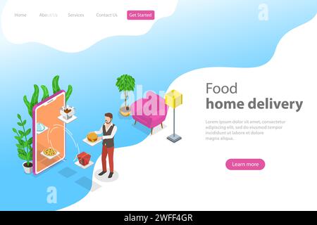 Modello isometrico di landing page vettoriale piatto per la consegna a domicilio di cibo, l'ordinazione online, la prenotazione di ristoranti. Illustrazione Vettoriale