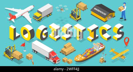 Illustrazione concettuale del vettore piatto isometrico 3D di Global Logistics and Freight Transportation, Cargo Delivery Service. Illustrazione Vettoriale