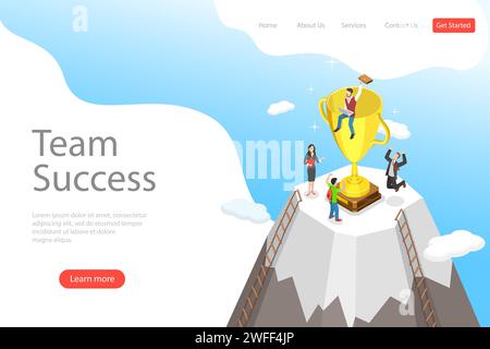 Modello di piano di atterraggio vettoriale isometrico piatto per il successo del team, un lavoro di squadra efficace, leadership aziendale, un progetto di successo. Illustrazione Vettoriale