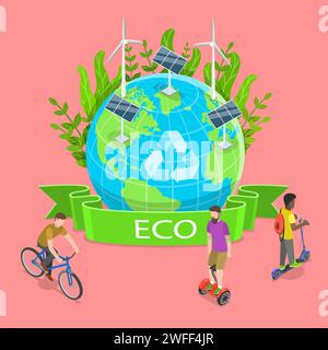 Vettoriale piatto isometrico illustrazione di sostenibilità e protezione ambientale, 100% ecologico e concetto di zero rifiuti. Illustrazione Vettoriale