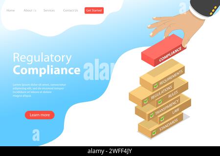 Modello di landing page vettoriale piatto isometrico di conformità normativa, passaggi necessari per essere conformi alle leggi, alle policy e alle normative pertinenti Illustrazione Vettoriale