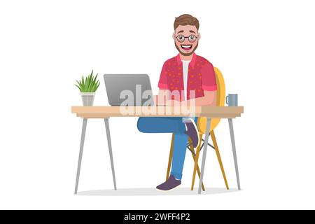 Illustrazione concettuale del vettore piatto isometrico 3D dell'uomo che lavora a casa, formazione online, ufficio remoto. Illustrazione Vettoriale