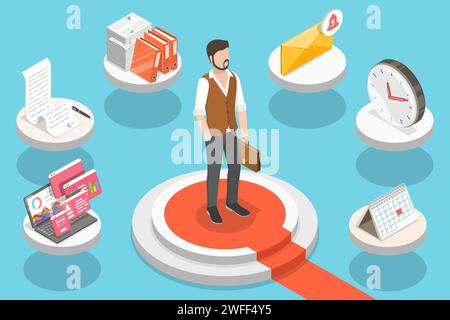 Imprenditore multitasking di successo, strategia aziendale efficace, gestione del tempo. Illustrazione concettuale del vettore piatto isometrico 3D. Illustrazione Vettoriale