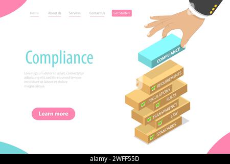 Modello di landing page vettoriale piatto isometrico di conformità normativa, passaggi necessari per essere conformi alle leggi, alle policy e alle normative pertinenti Illustrazione Vettoriale