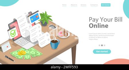 Paga le tue fatture online, acquisti elettronici sicuri e servizi bancari. Modello di pagina di destinazione vettoriale piatto isometrico 3D. Illustrazione Vettoriale