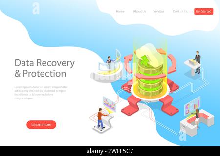 Modello di landing pate vettoriale piatto isometrico di servizi di recupero dati, backup e protezione dei dati, riparazione hardware. Illustrazione Vettoriale