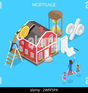 Concetto isometrico di vettore piatto di mutuo, affare immobiliare, pagamento di mutui per la casa. Illustrazione Vettoriale