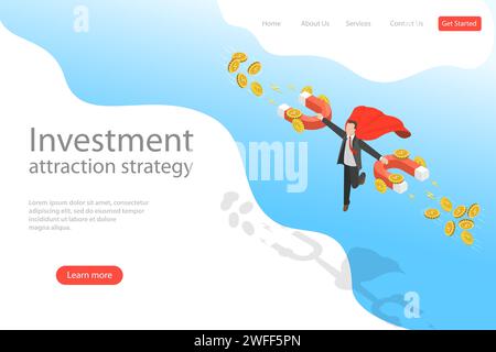 Modello isometrico di landing page vettoriale piatto di strategia di attrazione degli investimenti, profitto, reddito, libertà finanziaria. Illustrazione Vettoriale