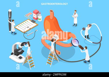 3D Isometric Flat Vector Concept of Gastroenterology, digestive System and its Disorders, trattamento del tratto gastrointestinale. Illustrazione Vettoriale