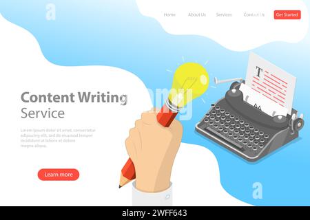 Modello di landing page vettoriale isometrico piatto di scrittura creativa, copywriting, creazione di contenuti. Illustrazione Vettoriale