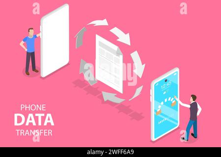 Concetto di vettore piatto isometrico 3D per il trasferimento dei dati telefonici, app di sincronizzazione online, servizio di scambio documenti. Illustrazione Vettoriale