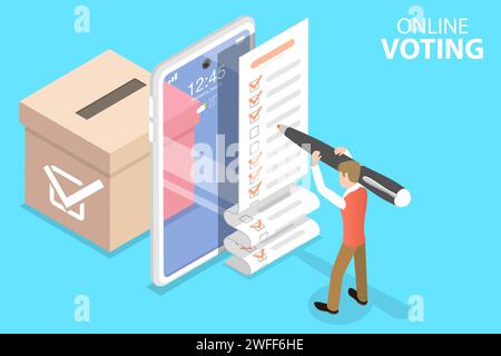 Concetto di vettore piatto isometrico 3D dell'app mobile per il voto online, voto elettronico, Internet Election System. Illustrazione Vettoriale