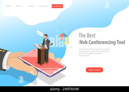 Modello di piano isometrico vettoriale per conferenze online, riunioni aziendali, webinar, formazione di gruppo. Illustrazione Vettoriale