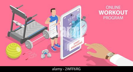 Concetto di vettore piatto isometrico 3D del programma di allenamento online, allenatore di fitness personale, allenamento con istruttore virtuale, app mobile per l'esercizio fisico a Hom Illustrazione Vettoriale