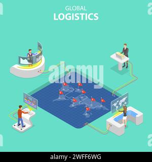 Concetto di vettore isometrico piatto di logistica globale, trasporto merci in tutto il mondo, consegna rapida. Illustrazione Vettoriale