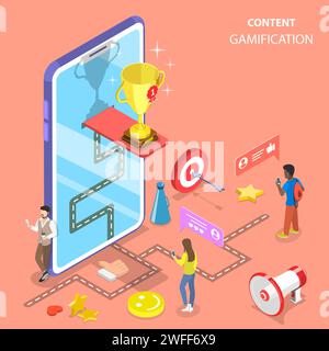 Concetto isometrico vettoriale piatto di gamification, contenuti interattivi, coinvolgimento dei clienti. Illustrazione Vettoriale