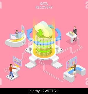 Concetto isometrico a vettore piatto di servizi di recupero dati, backup e protezione dei dati, riparazione hardware. Illustrazione Vettoriale