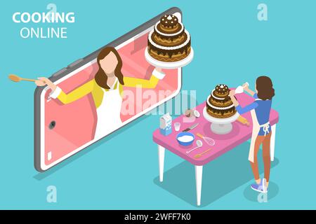 Vlog di cottura online con Vector piatto isometrico 3D, video tutorial culinario in live streaming, lezioni di cucina mobile. Illustrazione Vettoriale