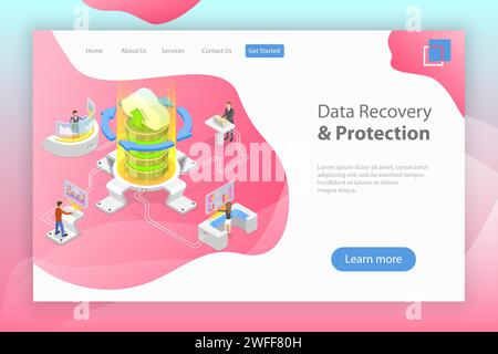 Modello di landing pate vettoriale piatto isometrico di servizi di recupero dati, backup e protezione dei dati, riparazione hardware. Illustrazione Vettoriale