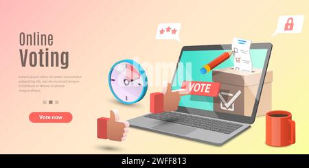 Concetto 3d di applicazione di voto online, voto elettronico, Internet Election System. Modello vettoriale per banner Web o Landing page del sito Web. Illustrazione Vettoriale