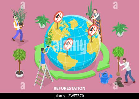 Concetto 3D Isometric Flat Vector di riforestazione mediante piantatura di nuovi alberi, giornata dell'ambiente, salvataggio dell'ecologia della Terra. Illustrazione Vettoriale