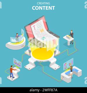 Concetto vettoriale isometrico piatto di creazione di contenuti, copywriting, scrittura creativa, content marketing. Illustrazione Vettoriale