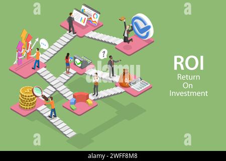 Concetto di vettore piatto isometrico 3D di ritorno sugli investimenti, ROI, marketing digitale e analisi finanziaria. Illustrazione Vettoriale