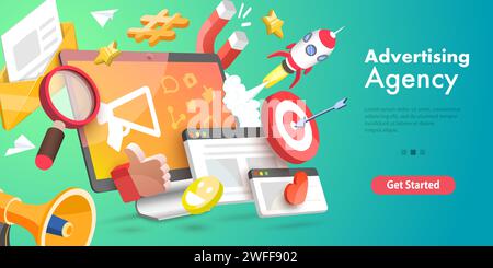 Illustrazione concettuale vettoriale 3D di Digital Marketing Agency, campagna pubblicitaria. Illustrazione Vettoriale