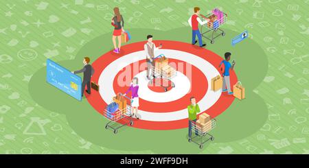 Vector Flat Isometric Concept of Customer targeting Digital Marketing Campaign, Customer Attraction, Lead Generation. Illustrazione Vettoriale