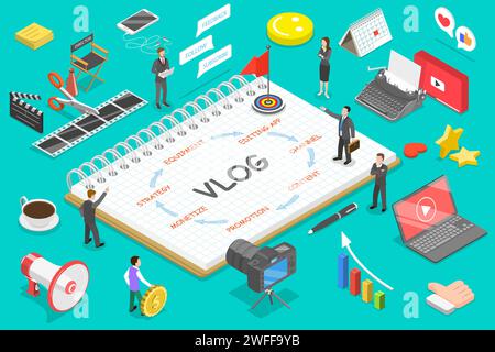 Concetto vettoriale isometrico piatto di blog video, vlog, creazione di canali online, creazione di contenuti. Illustrazione Vettoriale