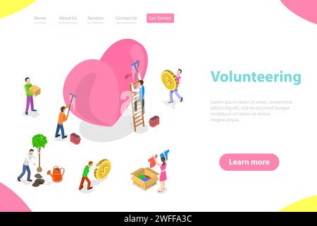 Isometrica vettore piana landing page template di volontariato e supporto, donazione alla cura e aiutare i poveri. Illustrazione Vettoriale