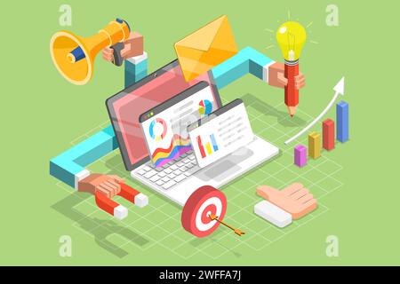 Concetto di vettore piatto isometrico 3D di Digital Marketing Agency, scrittura di contenuti creativi, SEM e SEO. Illustrazione Vettoriale