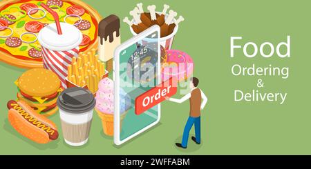 Illustrazione concettuale del vettore piatto isometrico 3D della prenotazione mobile del cibo, dell'app di ordinazione online di ristoranti e caffè, consegna gratuita e veloce. Illustrazione Vettoriale