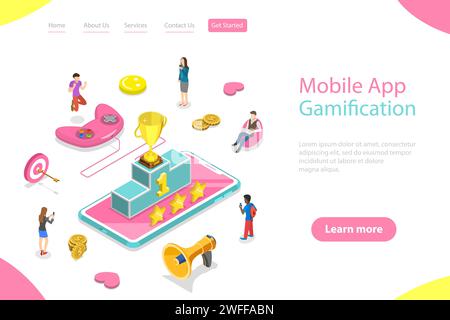 Modello isometrico di landing page vettoriale piatto di contenuti interattivi per il pubblico, gamification delle app mobili, incoraggiando i clienti a guadagnare la guerra Illustrazione Vettoriale