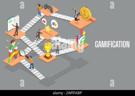 Incoraggiare i clienti a guadagnare premi, contenuti interattivi per il coinvolgimento del pubblico, Gamification per le app mobili. Illustr. Concettuale vettoriale piatto isometrico 3D Illustrazione Vettoriale