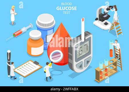 3D Isometric Flat Vector Concept of Blood Glucose Testing, Glucometer Hand test, Diabetes Problem Awareness and Treatment, Insulin Injection. Illustrazione Vettoriale