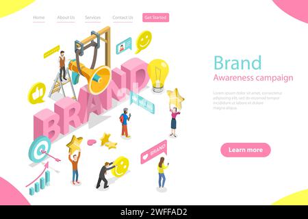 Modello isometrico di landing page vettoriale piatto di campagna di brand awareness, branding e marketing online, promozione digitale aziendale. Illustrazione Vettoriale