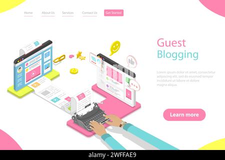 Modello isometrico di landing page vettoriale piatto di blog guest, pubblicazione di blog commerciali e copywriting, strategia di content marketing. Illustrazione Vettoriale