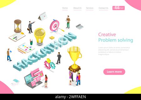 Modello isometrico di landing page vettoriale piatto di hackathon, evento di codifica di maratona di hackathon, sviluppo di app e software. Illustrazione Vettoriale