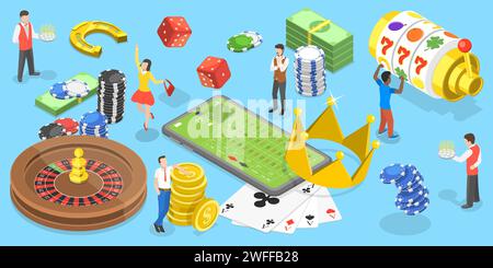 Illustrazione concettuale del vettore piatto isometrico 3D della piattaforma di gioco d'azzardo online per poker dal vivo, roulette, slot machine e dadi, casinò Internet. Illustrazione Vettoriale